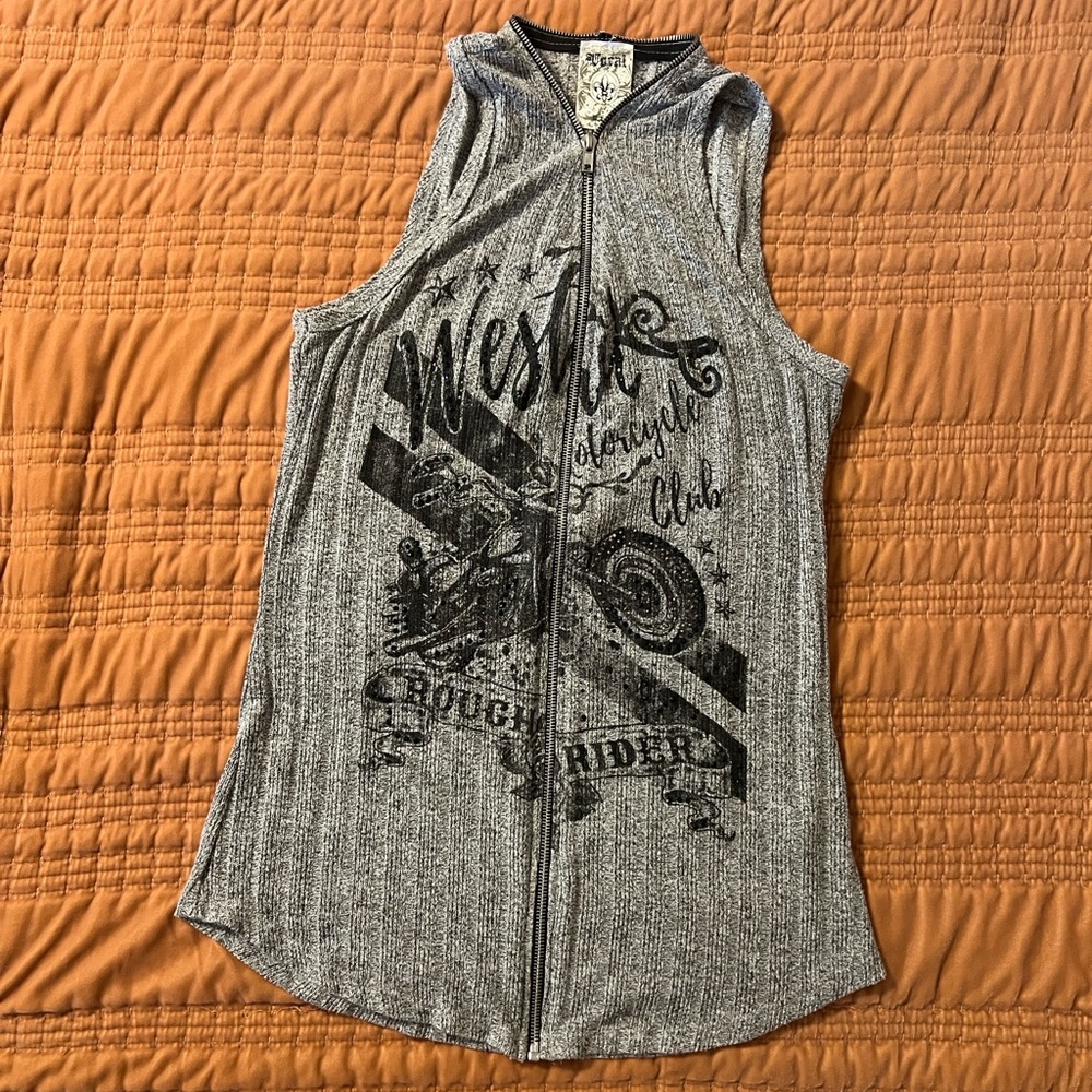 Vocal Tops | Gray Western Motorcycle Club Embellished Zip Tank | Medium
